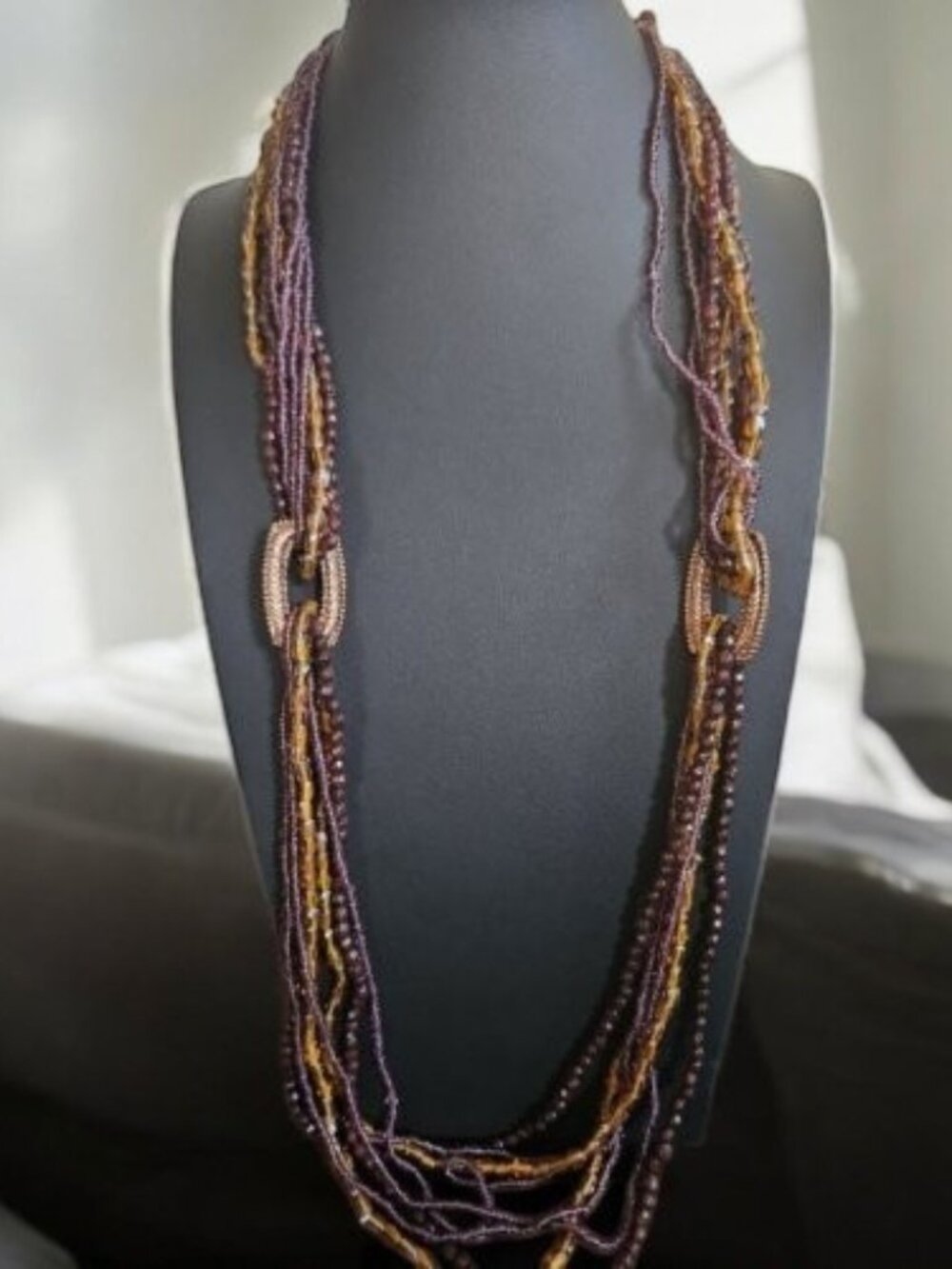 Vintage Multi Strand Brown Glass Beaded and Copper Necklace